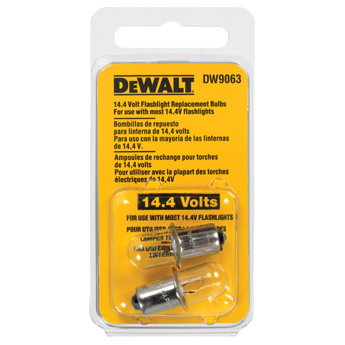 Dewalt 14.4 Volt flashlight replacement bulbs package, featuring two bulbs for use with most 14.4V flashlights.