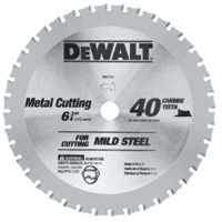 Dewalt metal cutting saw blade designed for cutting mild steel, featuring 40 carbide teeth and a 6 1/2 inch diameter.