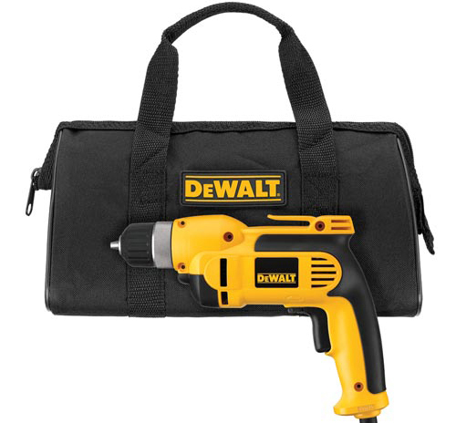 A yellow and black DeWALT cordless drill positioned in front of a black carrying bag with the DeWALT logo.