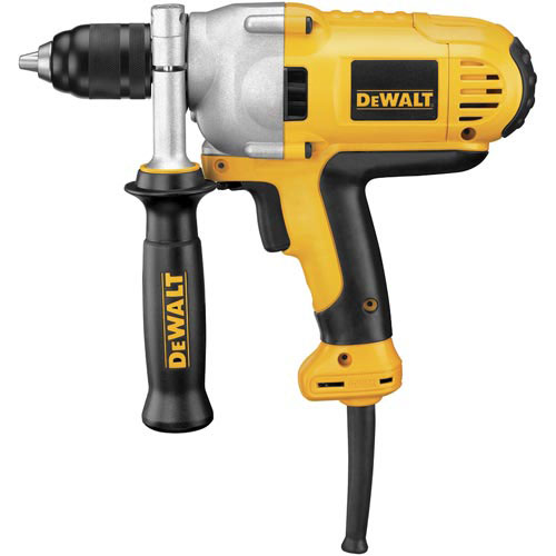 Dewalt electric drill with a yellow and black design, featuring a trigger, handle, and chuck for drilling.