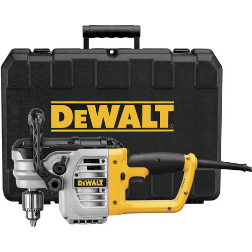 A DEWALT electric drill with a black carrying case, showcasing the brand logo prominently.