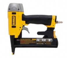 A Dewalt air nail gun with a yellow and black design, showcasing its trigger, magazine, and air inlet.