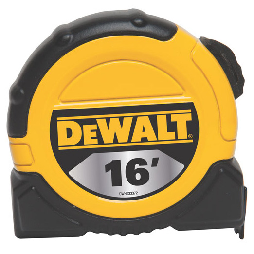 A 16-foot yellow and black tape measure with the DeWALT logo.