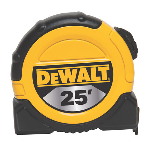 Close-up of a retractable tape measure marked 'DeWALT 25'' in black and yellow.