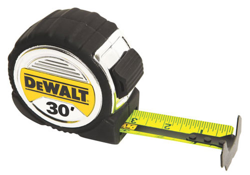 A 30-foot tape measure with a black and yellow design, featuring the DeWALT logo.