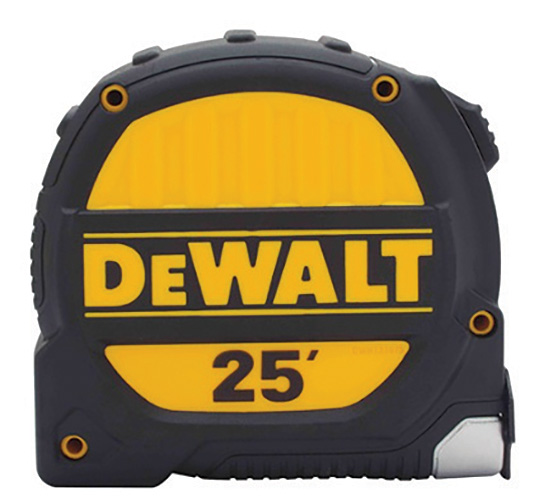 A 25-foot DeWALT tape measure with a yellow and black casing.