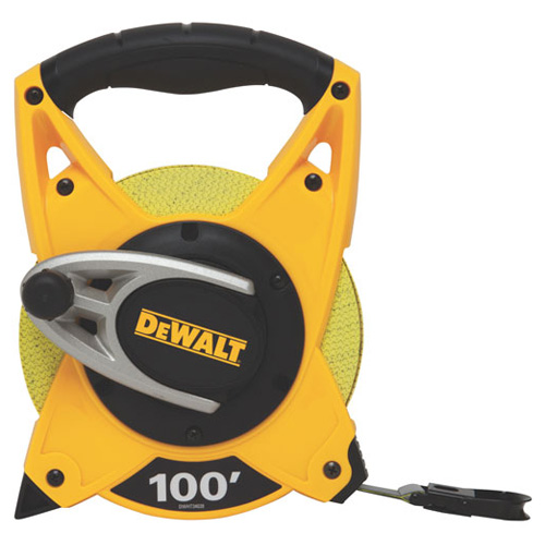 A Dewalt 100-foot measuring tape with a yellow casing and a shiny metal handle for easy grip.