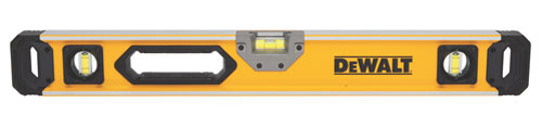A Dewalt spirit level featuring a bright yellow design with three vials for measuring horizontal and vertical surfaces.