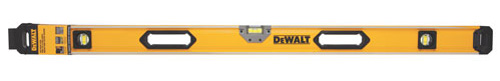 A Dewalt spirit level featuring a yellow rectangular body with three vials for measuring horizontal and vertical alignment.