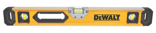 A Dewalt spirit level with a yellow body, featuring two vials for measuring horizontal and vertical alignment.