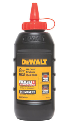 8 oz bottle of DeWALT red chalk with a narrow applicator spout, featuring a permanent marking scale and waterproof labeling.