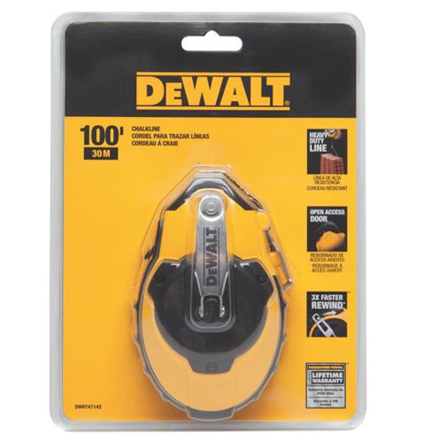 Dewalt chalk line reel packaging featuring a 100-foot heavy-duty chalk line tool with an open access door and 3x faster rewind capability.