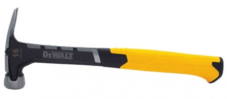 Dewalt 16-ounce hammer with a black and yellow rubberized handle.