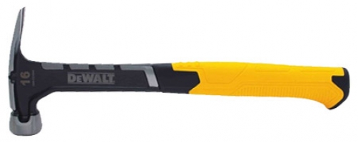 A Dewalt 16 oz hammer with a black and yellow rubberized grip.