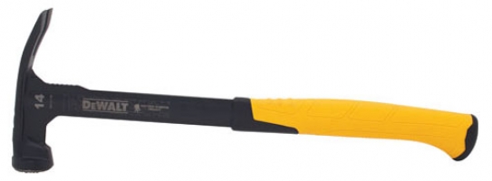 A DeWalt claw hammer with a black head and a yellow rubber grip handle.