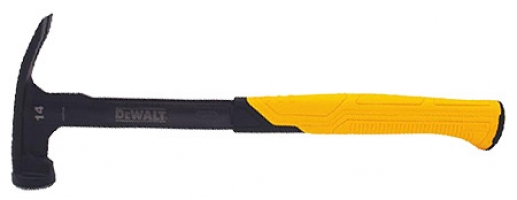 A 14-ounce claw hammer with a black metal head and a yellow rubber grip handle, featuring the DEWALT logo.
