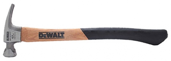 A Dewalt hammer with a wooden handle and rubber grip, featuring a claw head design.