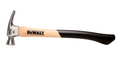 A 16-ounce hammer with a wooden handle and a metal head, featuring a black and yellow Dewalt logo.