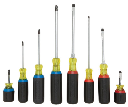 A set of eight assorted screwdrivers with various sizes and types, including flathead and Phillips, featuring yellow and black handles.