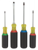 A set of four screwdrivers with different sizes and tips, featuring colorful plastic handles and black rubber grips.