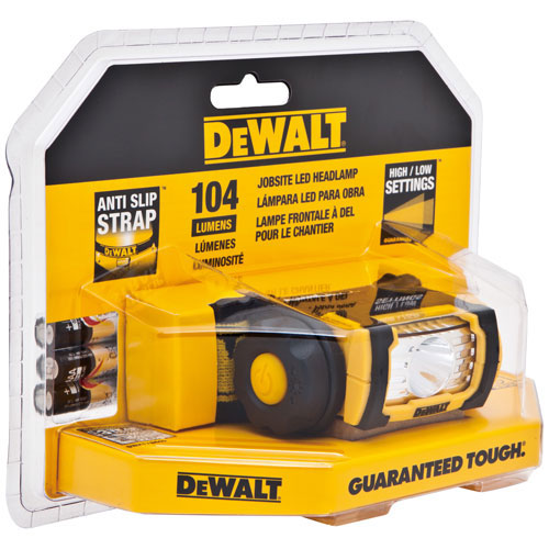 Packaging of a Dewalt LED headlamp featuring anti-slip strap and high/low settings, displaying 104 lumens.