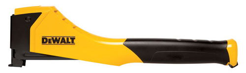 A Dewalt staple gun with a yellow and black design, featuring a comfortable grip and a loading area for staples.