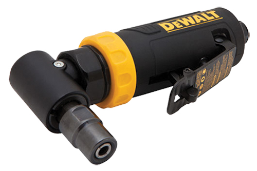 Dewalt air ratchet wrench with a black and yellow design, featuring a swivel air inlet and control lever.