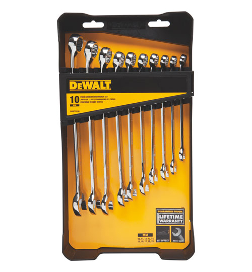 Dewalt 10-piece combination wrench set displayed in packaging, featuring various sizes and a lifetime warranty.