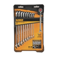 A packaged set of DeWalt ratcheting wrenches, featuring 10 pieces in a clear display, showcasing a lifetime warranty.