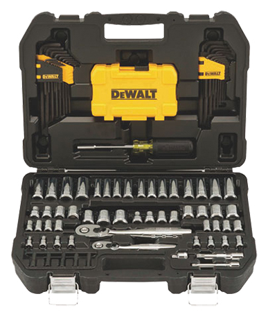 A complete DEWALT toolset in a black case, featuring various sockets, a ratchet, screwdrivers, and organization for tools.