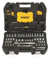 A black tool case featuring a variety of tools, including sockets, ratchets, and a screwdriver, with a yellow DeWALT logo on the lid.