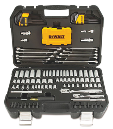 A comprehensive toolset displayed in a black case featuring various wrenches, sockets, and a yellow DEWALT tool box.