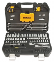 A black tool case containing various hand tools, including sockets, wrenches, and a ratchet, branded with the DeWALT logo.