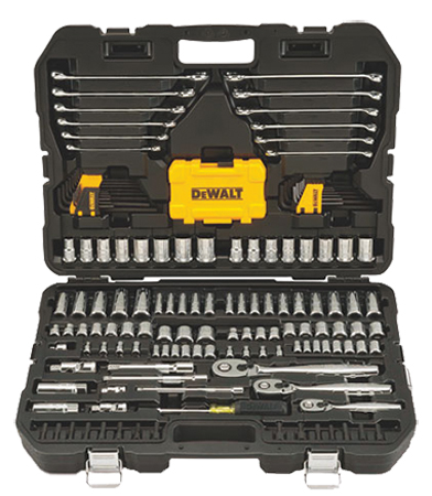 A fully stocked DEWALT tool set in a black storage case, featuring various wrenches, sockets, and ratchets organized neatly.