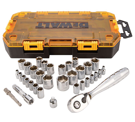 A collection of metallic socket tools and a ratchet wrench arranged around a yellow and black DEWALT tool case.
