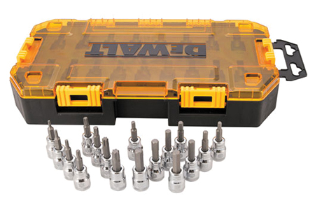 A DEWALT tool set featuring a transparent case with a yellow lid, containing various chrome socket bits arranged neatly in front.