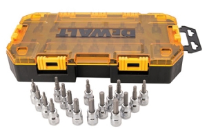 A Dewalt tool case with a transparent lid and multiple metal socket bits arranged around it.