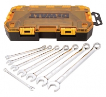 A set of silver wrenches displayed alongside a yellow and black tool case.