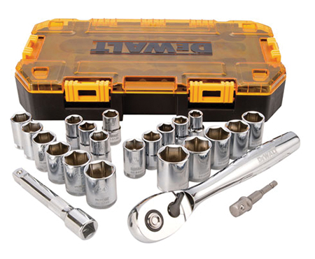 A Dewalt socket set featuring a variety of chrome-plated sockets, a ratchet, and an organized carrying case.