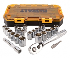 A DeWalt tool set featuring a black and yellow case, containing various chrome sockets and a ratchet handle.