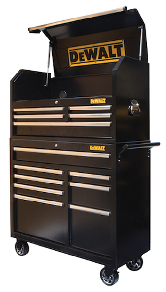 A black DEWALT tool chest with multiple drawers and a top compartment, featuring a large logo on the front.