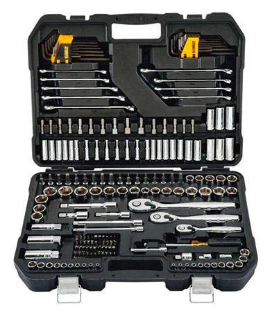 A comprehensive tool kit featuring various wrenches, sockets, ratchets, and screwdriver bits organized in a black carrying case.