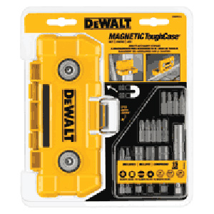Dewalt Magnetic ToughCase containing various tool bits and accessories, showcased in a yellow and black design.