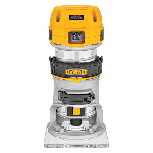 A DEWALT wood router with a yellow and black design, featuring a clear base for visibility and adjustable settings.
