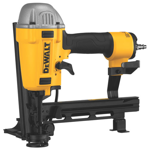 Dewalt nail gun with a yellow and black design featuring a trigger, magazine, and safety mechanism.