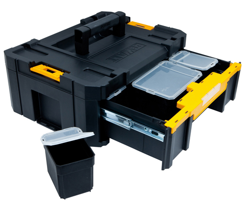 A black and yellow tool box with multiple compartments, open to display drawers and storage containers.