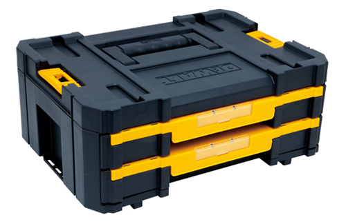 Black and yellow stacked tool storage box from DeWalt, featuring a handle and two drawers.