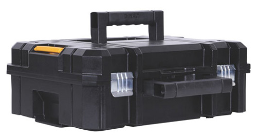 A sturdy black tool box with a handle and metal clasps, designed for storing tools.