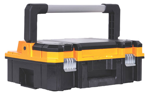 A sturdy black and yellow toolbox with a handle, featuring metal clasps and a removable tray.