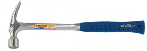 A steel claw hammer with a blue rubber grip handle.